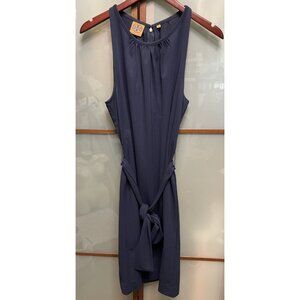 Tory Burch Sleeveless Navy Blue Belted Waist Tie Front Midi Shift Dress Size L